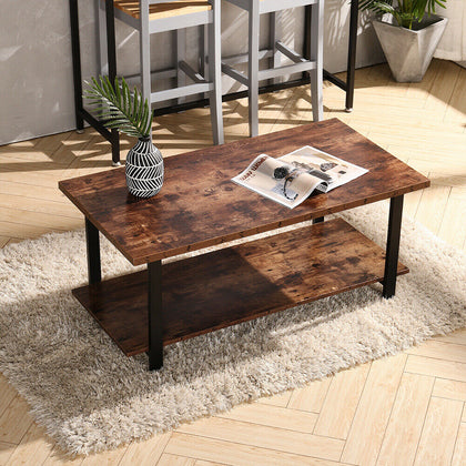 2 Tier Industrial Coffee Table Rustic Wood & Metal Living Room Table Rectangle