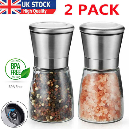 2x Salt Pepper Grinder Set Stainless Steel Glass Shaker Adjustable Mill Coarse