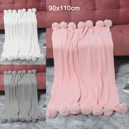 Reversible Pom Pom Knitted Throw Crochet Blanket Bed Sofa Cotton Rugs Home Décor