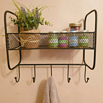 Vintage Style Black Metal Wall Shelf Unit Hooks Rack Home Storage Kitchen Decor