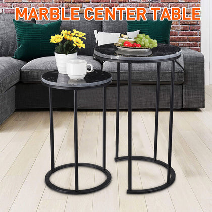 2x Marble Coffee Table 2 Round Side End Centre Table Living Room Furniture Black