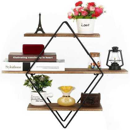 Rustic 3 Tier Diamond Wooden Floating Shelf with Metal Frame Wall Mounted