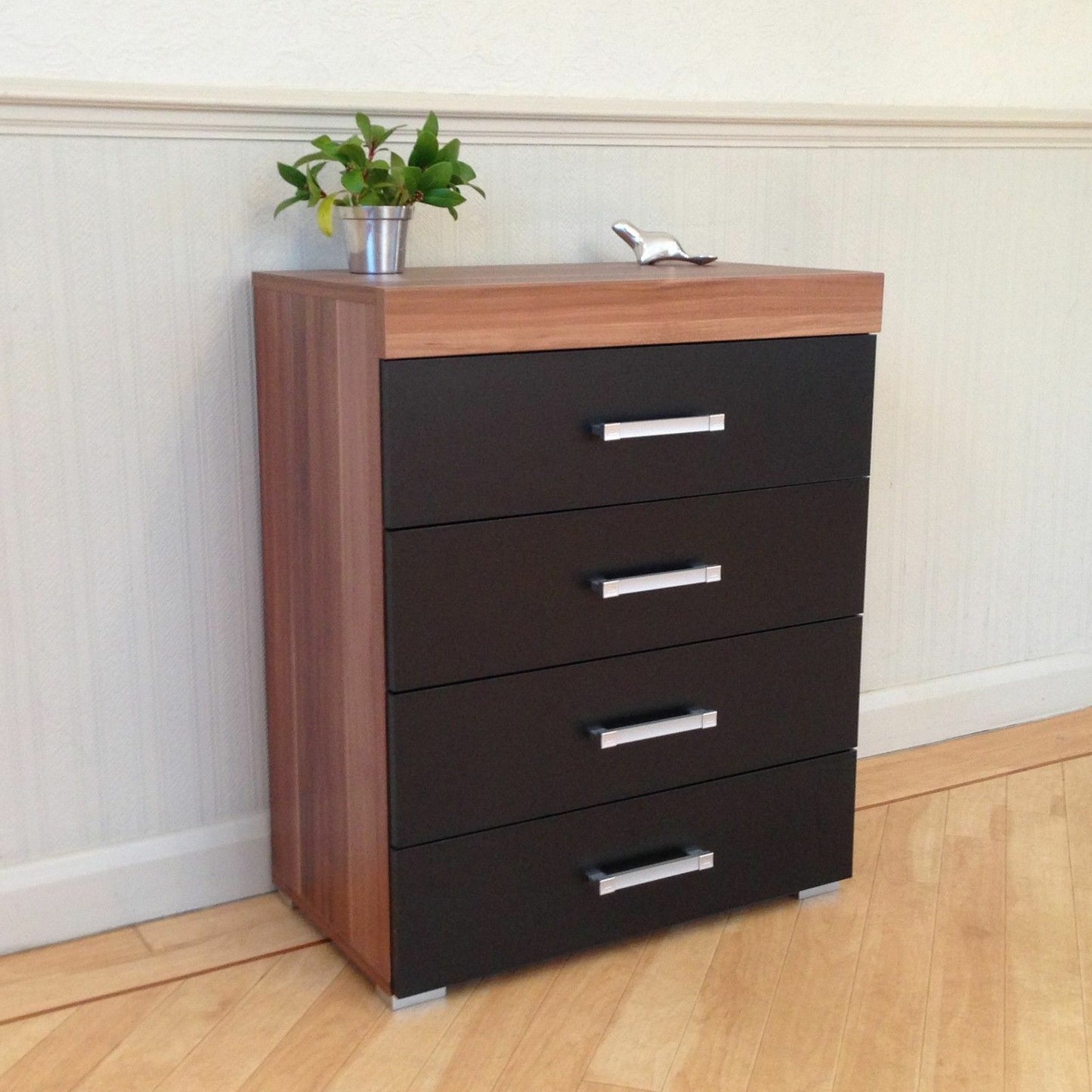 3 Piece Black & Walnut Bedroom Set! Wardrobe, 4 Drawer Chest, Bedside Table! NEW