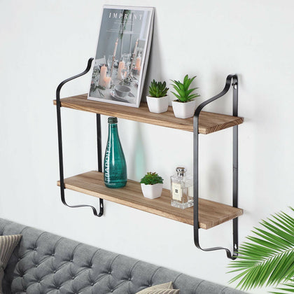 2 Tier Wood Shelves Wall Mounted Floating Shelf Metal Hanging Storage Rack Unit