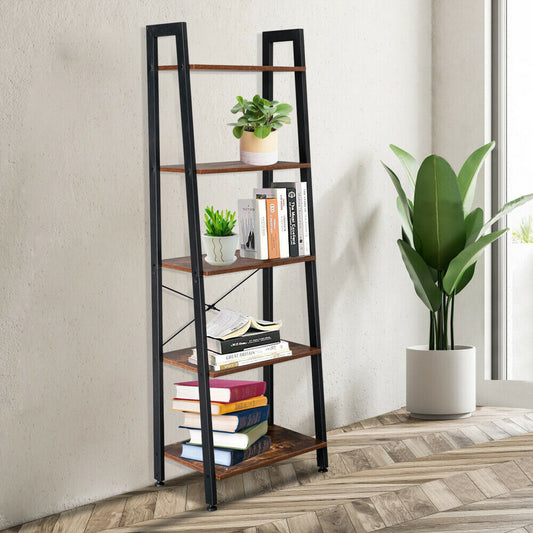 5-Tier Ladder Shelf Bookshelf Bookcase Plant Stand Book Storage Rack Metal Wood
