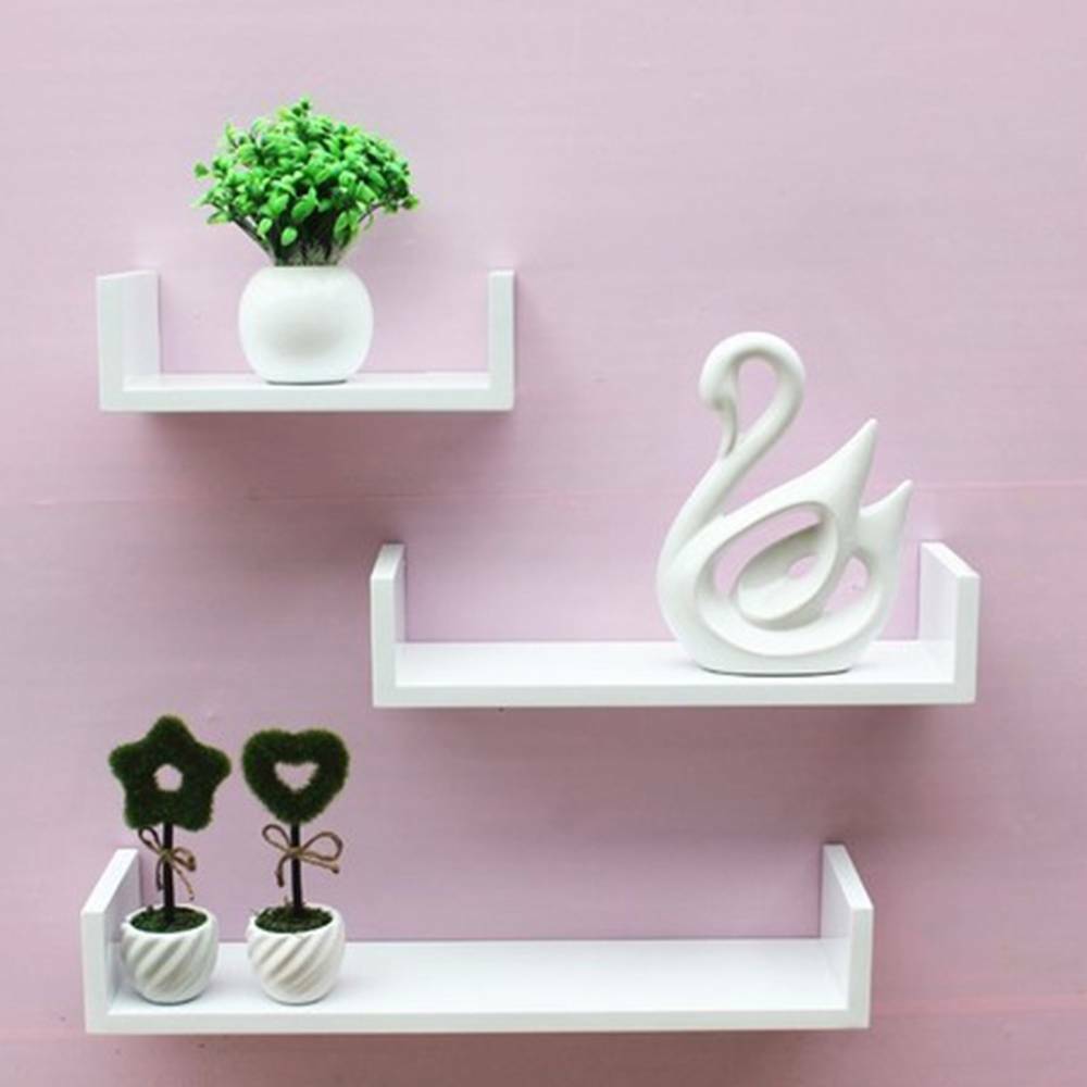 Set of 3 U Shape Floating Wall Shelves Storage Display Shelf Wooden Home Décor