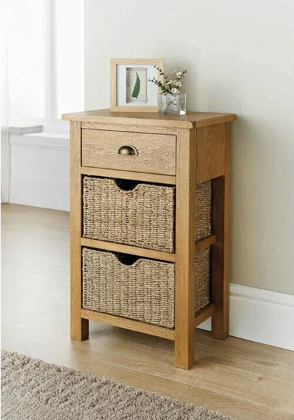 Wiltshire Oak Solid Small Console Table - FULLY ASSEMBLED Whit 2 Storage Baskets