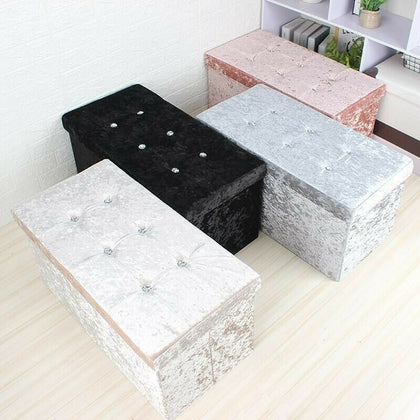 Crushed Velvet Storage Box Diamante Ottoman Folding Foot Stool Seat Bench