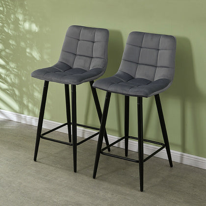 2X Grey Velvet Bar Stools Breakfast Pub Chair With Footrest Modern Home Kitchen