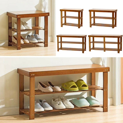 3Tier Natural Wooden Shoe Rack Bench Organiser Stand Storage Shelf Seat Entryway