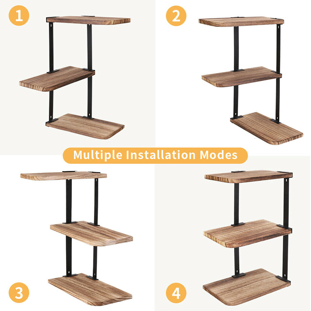 Rustic Wood Z Shaped Wall Shelf Country Vintage Storage 3 Tiers Floating Shelf
