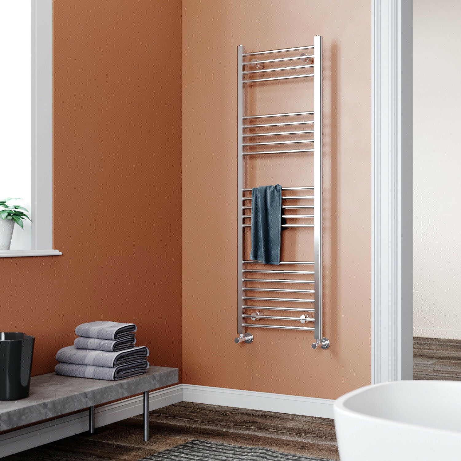 Chrome Towel Rail Radiator Rads Bathroom Heated Straight Ladder Warmer w/ Valves