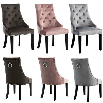 Retro Velvet Button Back Knocker Dining Chairs Wooden Legs 2/4 PCS Dinner Seat