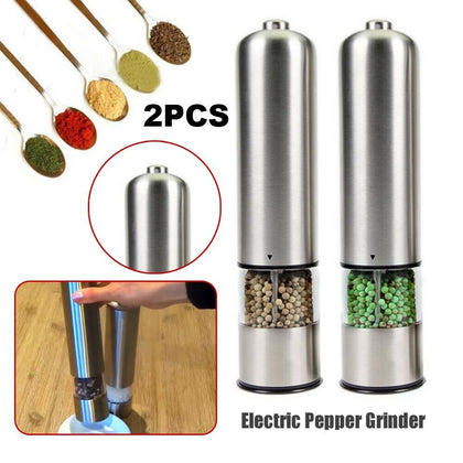 2xLIGHT UP ELECTRIC SALT&PEPPER MILL STAINLESS STEEL ELECTRONIC GRINDER POTS UK