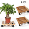 2PCS 11.8" Wood Slatted Plant Caddy Cart Wheeled Pot Stand Flower Rollers Risers