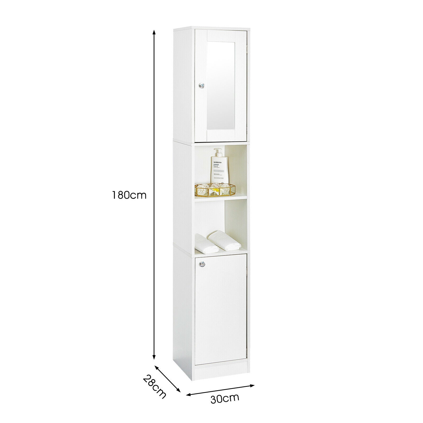Bathroom Cabinet Shelf Mirror Door Tallboy Cupboard Unit Storage White 180 CM