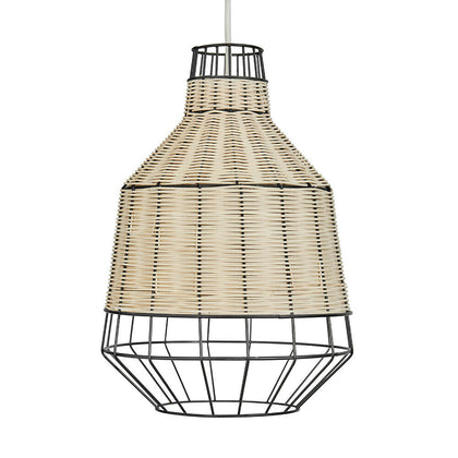 Natural Rattan Wicker Ceiling Light Shade Easy Fit Black Metal Pendant Lighting