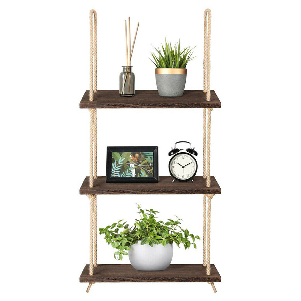 Nostalgic 3 Tier Shelf Wall Hanging Shelves Natural Rope Wooden Floating Shelves