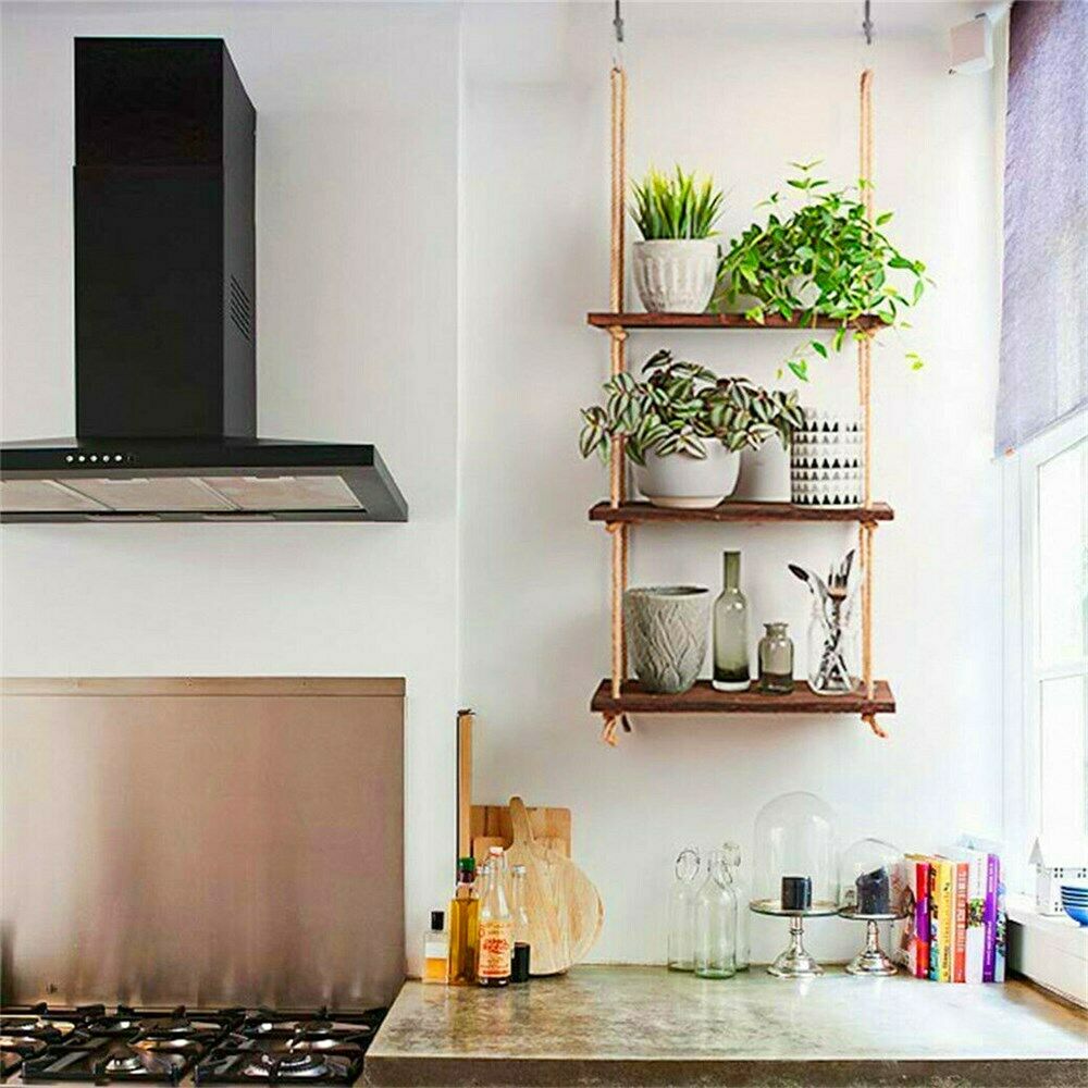 3 Tiers Rustic Wooden Wall Hanging Rope Shelf Mounted Floating Storage Unit Home
