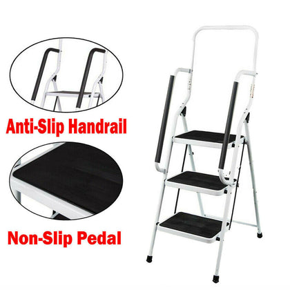 3 Step Ladder With Safety Handrail Foldable Safety Non Slip Matt Safe Heavy Duty