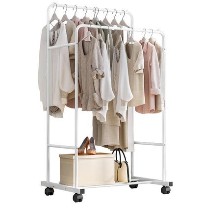 Mobile White Garment Rack Dual Clothes Rail Rolling Open Closet With Shoe Shelf