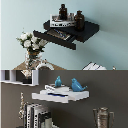 Floating Wooden Shelves w/Drawer Corner Square Shelf Unit Storage Wall Display