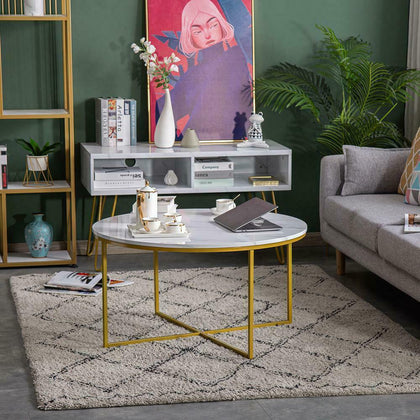 New Round Dining Table Coffee Tea Laptop Desk White Marble Gold Legs Simple