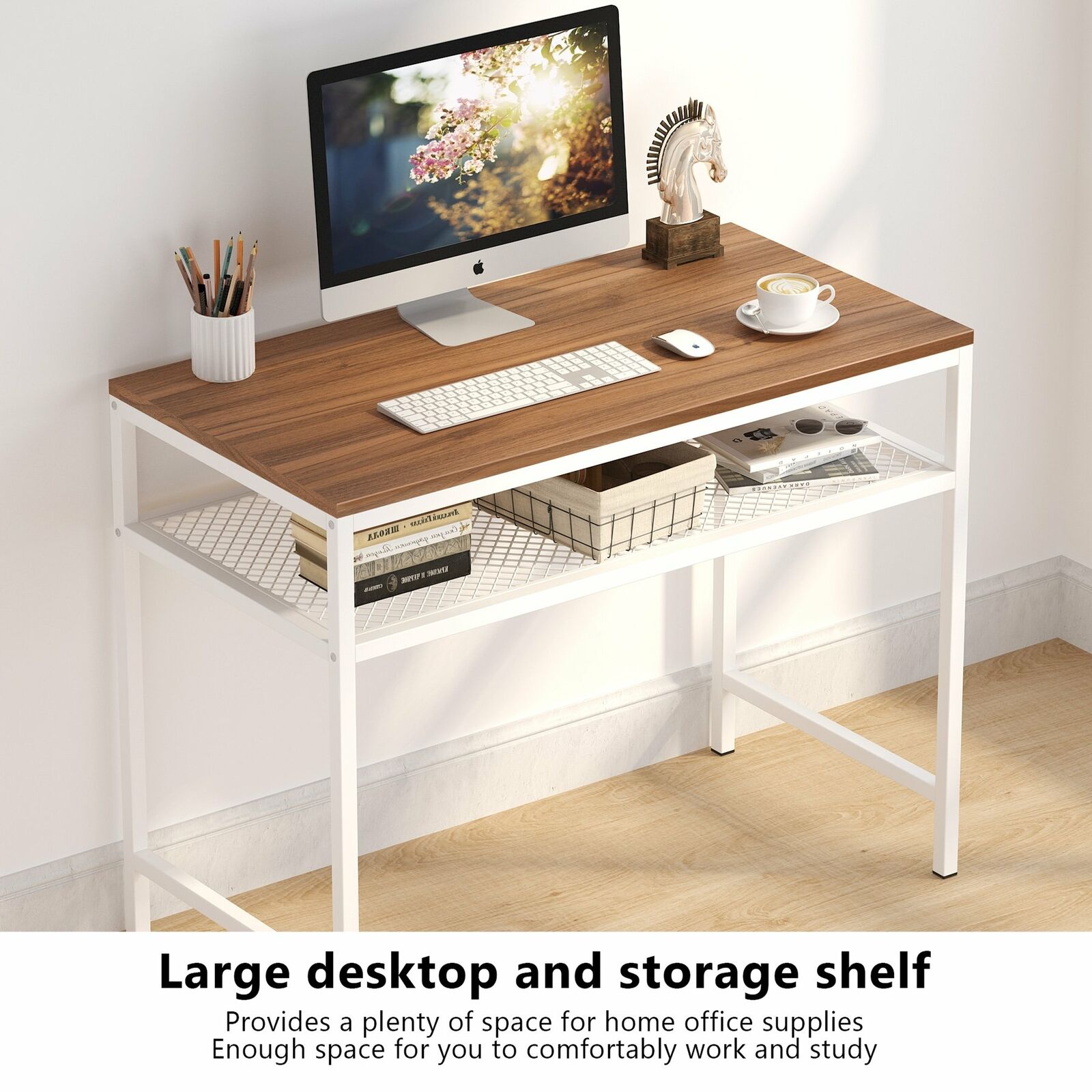 Mesh Id Computer Desk Computer Desk Home Workstation with Mesh Shelf Metal Frame Study Writi ...
