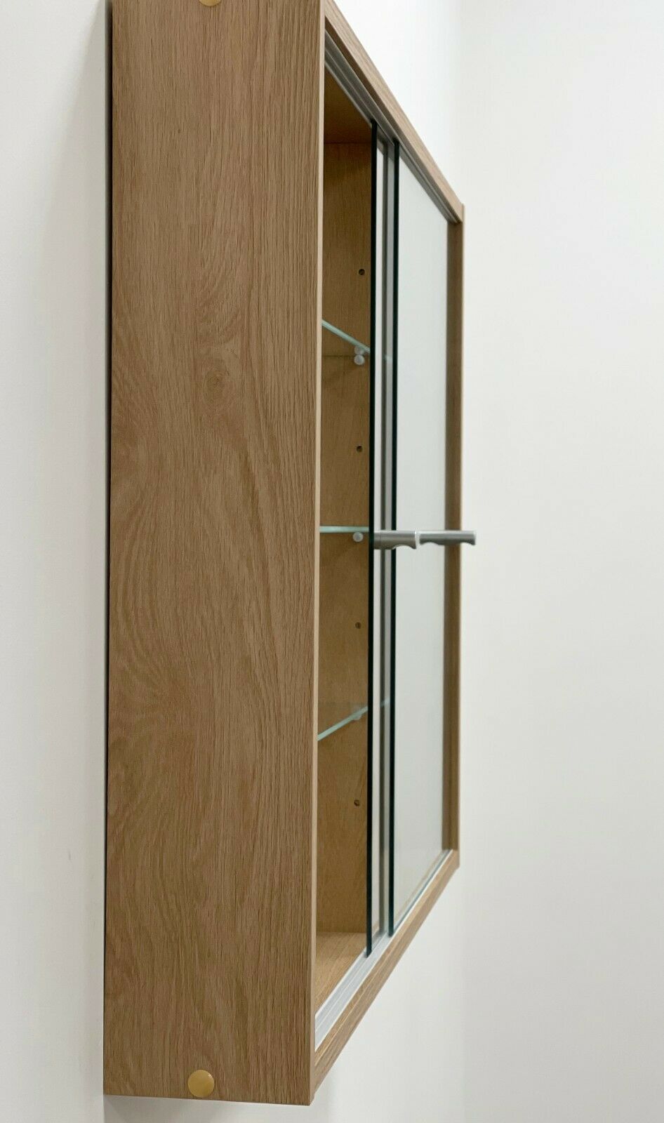 Glass Display Cabinet Wall Mounted Wide Large Toys Vapes Oak Effect Mirror Back