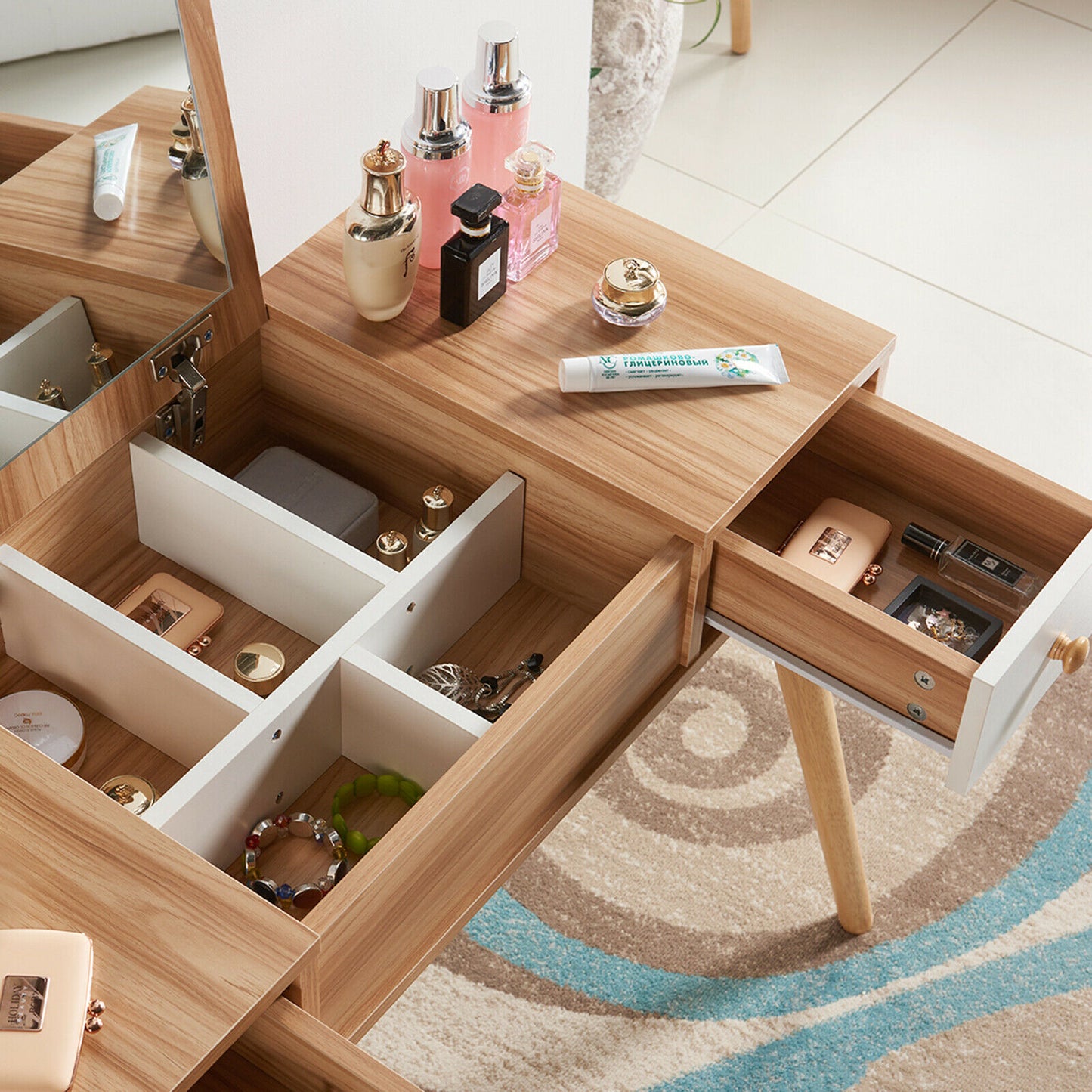 Modern Dressing Table Makeup Desk w/Flip-up Mirror 2 Drawers Storage & Stool