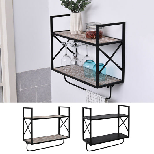 2-Tier Wall Shelf Metal Frame Wood Shelves Bottom Rail Storage Rack Home