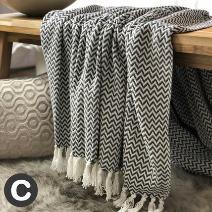 Luxury 100% Cotton Dark Grey White Herringbone Throw Blanket Fringed Sofa Bed