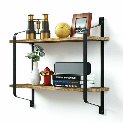 Industrial Wall Shelf Floating Shelving Unit 2 Layer Storage Rack w/Metal Bracke