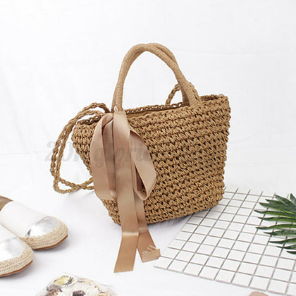 Women Brown Bowknot Straw Beach Bag Tote Basket Handbag Shoulder Messenge