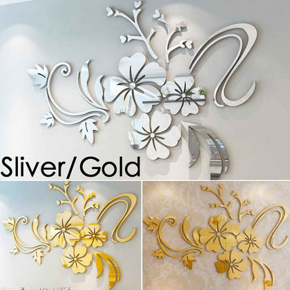 3D Mirror Flower Art Removable Wall Sticker Acrylic Mural Decal Home Room Decor