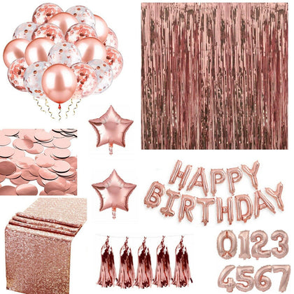 Rose Gold Happy Birthday Bunting Banner Balloons Tinsel Curtain DECORATIONS