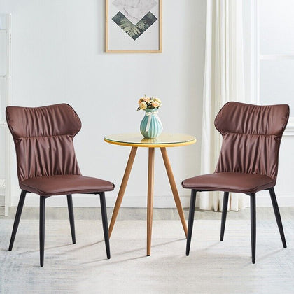 Set Of 2 Brown Faux Leather Chairs Metal Legs Soft Padded Seat Dining Room Chair