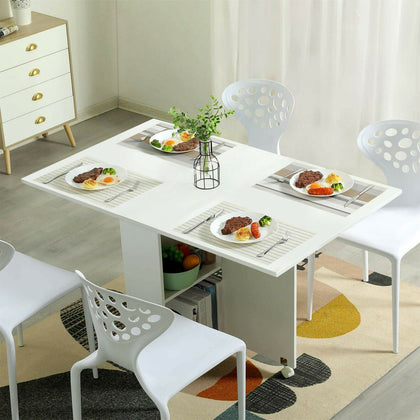 Mobile Drop Leaf Kitchen Dining Table Folding Desk w/ 6 wheels Storage Shleves