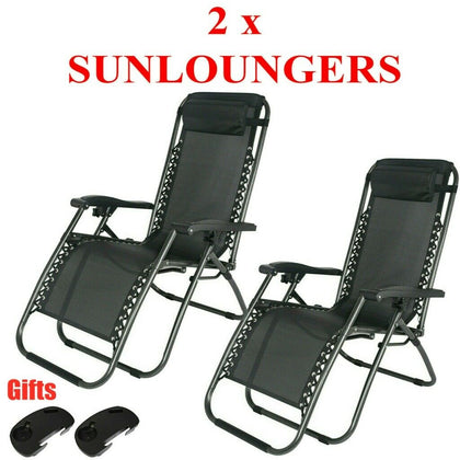 2 x ZERO GRAVITY CHAIR SUN LOUNGER OUTDOOR GARDEN FOLDING RECLINING ADJUSTABLE