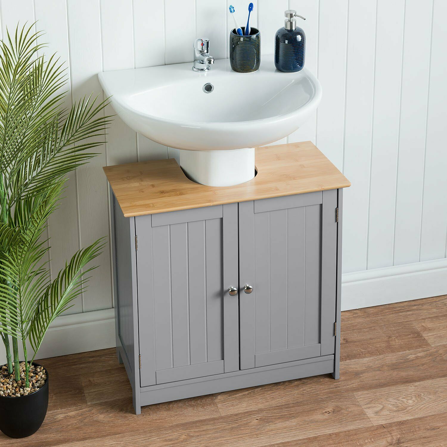 Bathroom Under Sink Cabinet Grey Bamboo Wooden Storage Cupboard Unit Christow