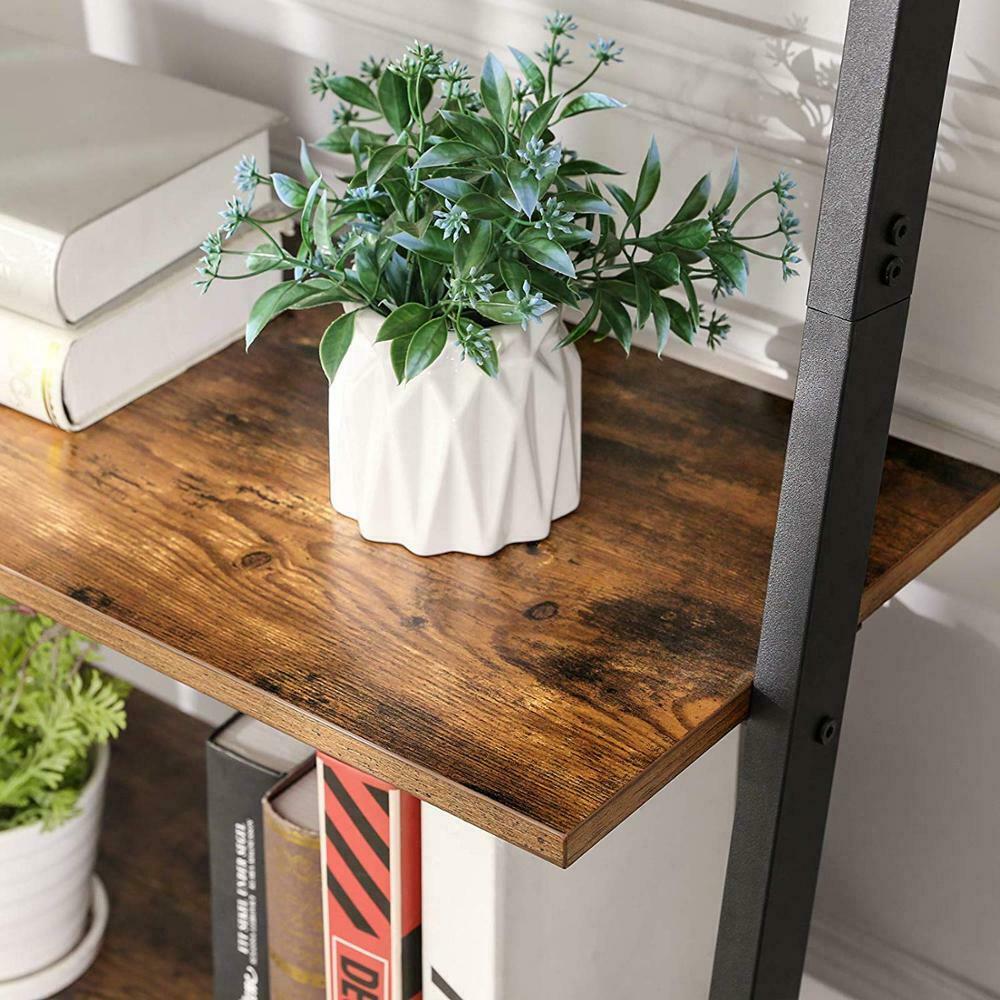 4 Tier Ladder Shelf Bookshelf Wooden Iron Wall Stand Storage Rack Shelving Unit