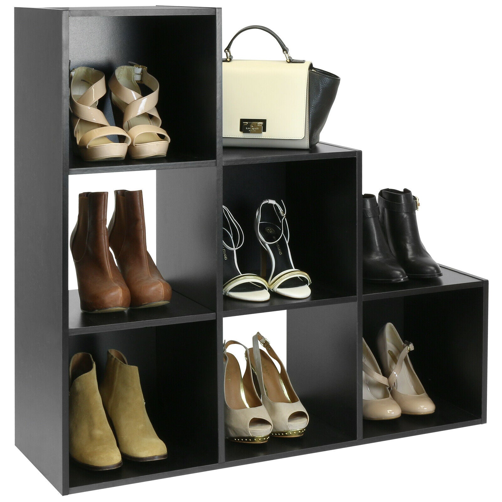 HARTLEYS BLACK 6 CUBE MODULAR SQUARE STORAGE/SHELVING 3 TIER SHELF DISPLAY UNIT