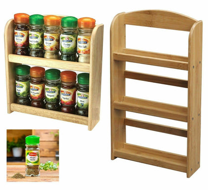 2 & 3 TIER BAMBOO WOOD SPICE RACK HERB HOLDER SPICES JARS STAND KITCHEN STORAGE