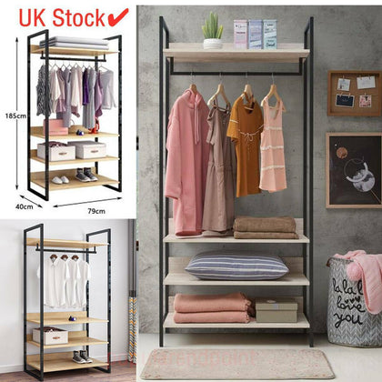 Bedroom Double Open Wardrobe 4 Shelves Furniture Storage Cupboard Clothes Rail