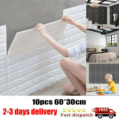 10pcs White 3D Tile Brick Wall Sticker Self-adhesive Waterproof Foam Panel Stick