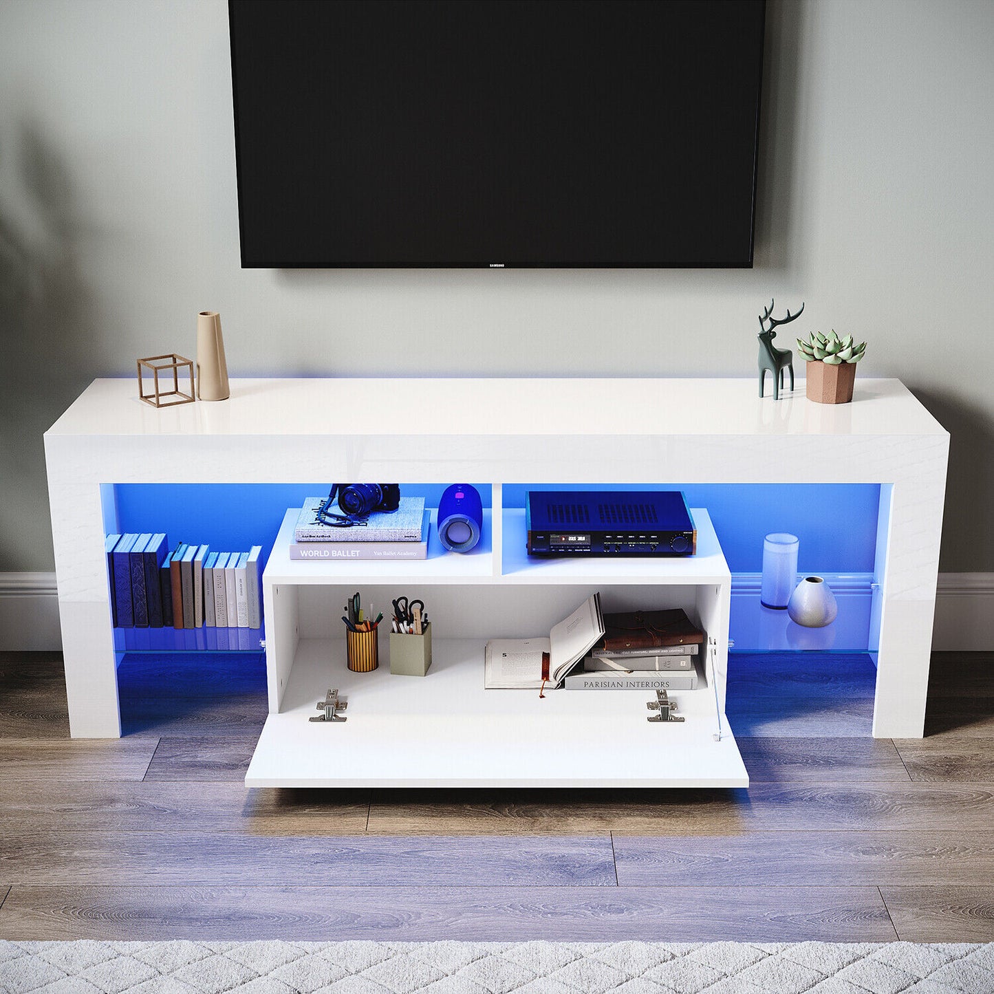 High Gloss White 140cm TV Stand Cabinet Unit Drawer Sideboard with LED Lights