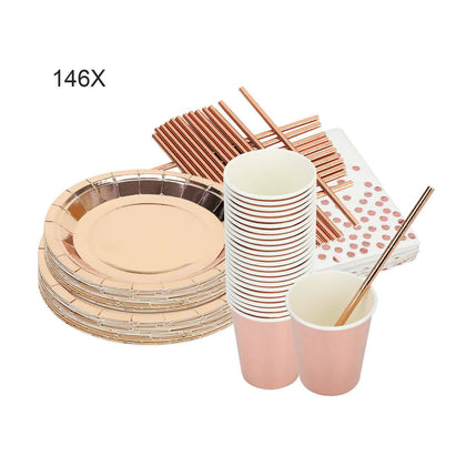 146PCS Rose Gold Foil Paper Plates Straws Cups Tableware Wedding Party Birthday
