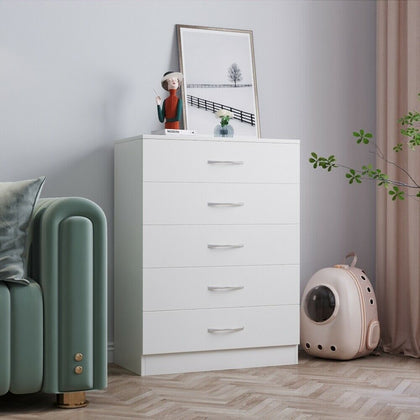 Hallway Chest of Drawers 5 White Anti-Bowing Drawer Runner Metal Handles Bedroom