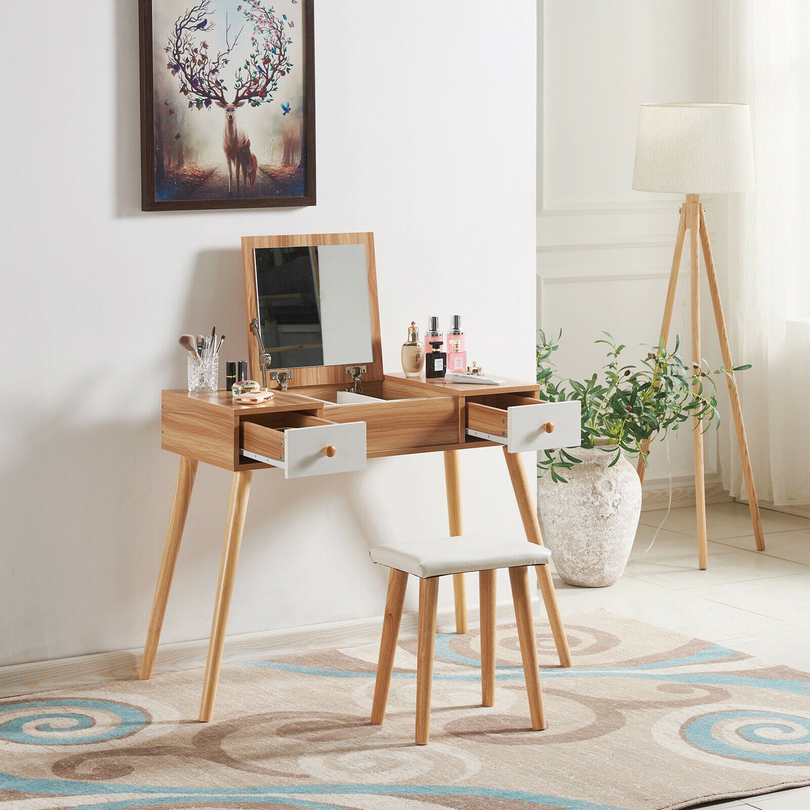 Modern Dressing Table Makeup Desk w/Flip-up Mirror 2 Drawers Storage & Stool
