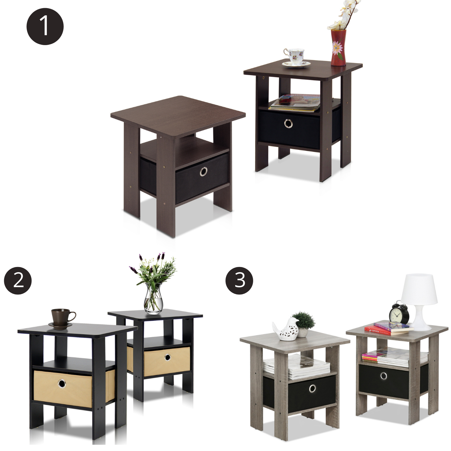 Furinno Andrey Coffee End Table Nightstand with Bin Drawer Set of